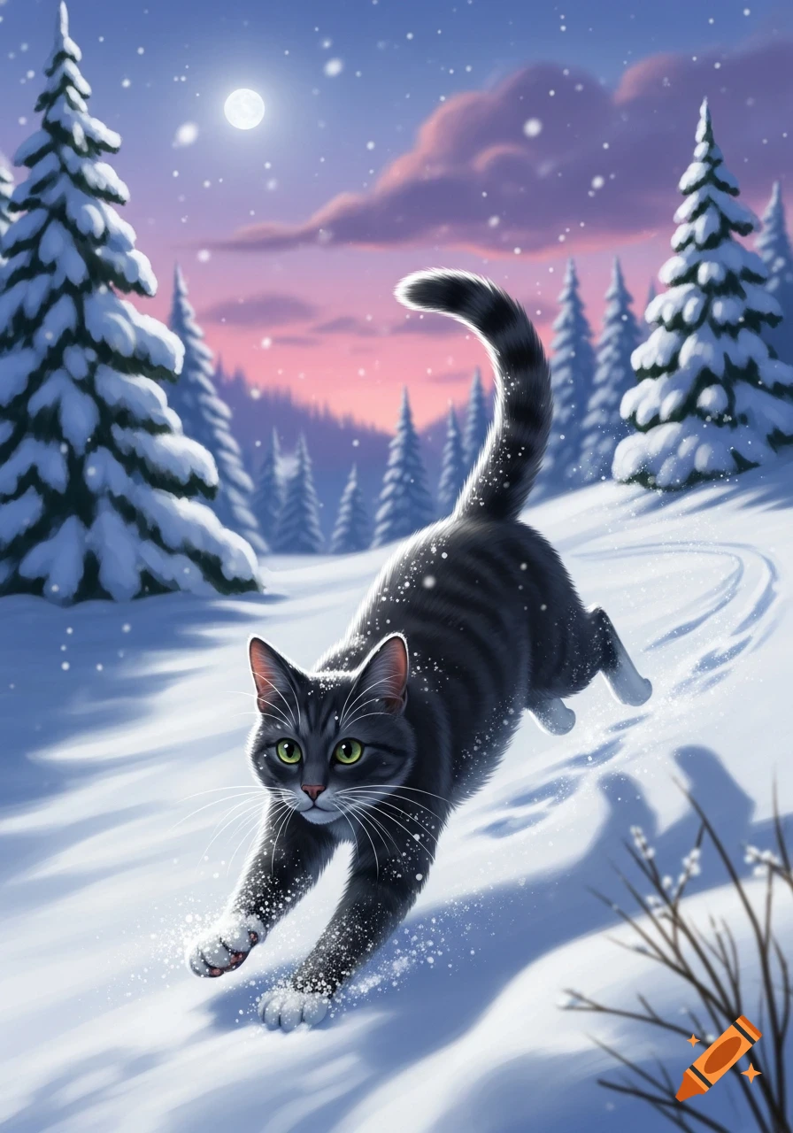 A gray tabby cat with green eyes runs through fresh snow in a moonlit winter forest with snow-covered pine trees.