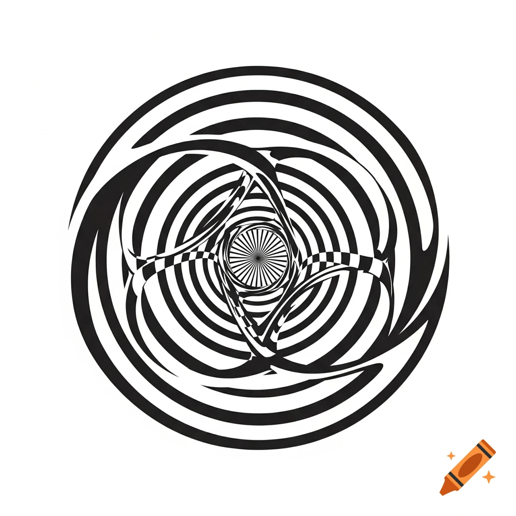 A black and white abstract circular design with swirling, radiating, and checkered patterns creating an optical illusion.