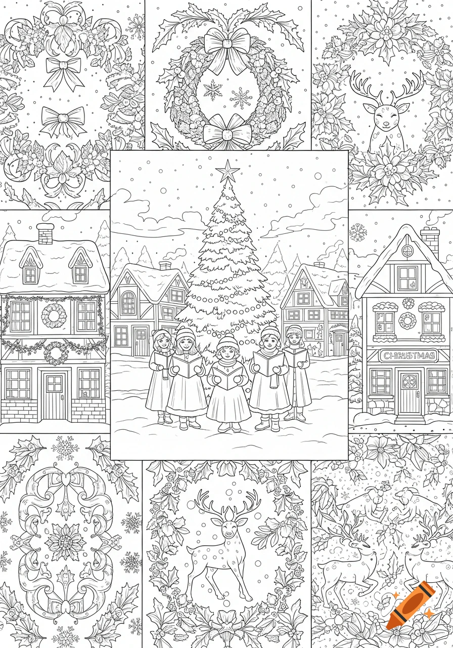 A collage of Christmas coloring pages featuring wreaths, a reindeer, carolers singing in a snowy village, and festive houses.