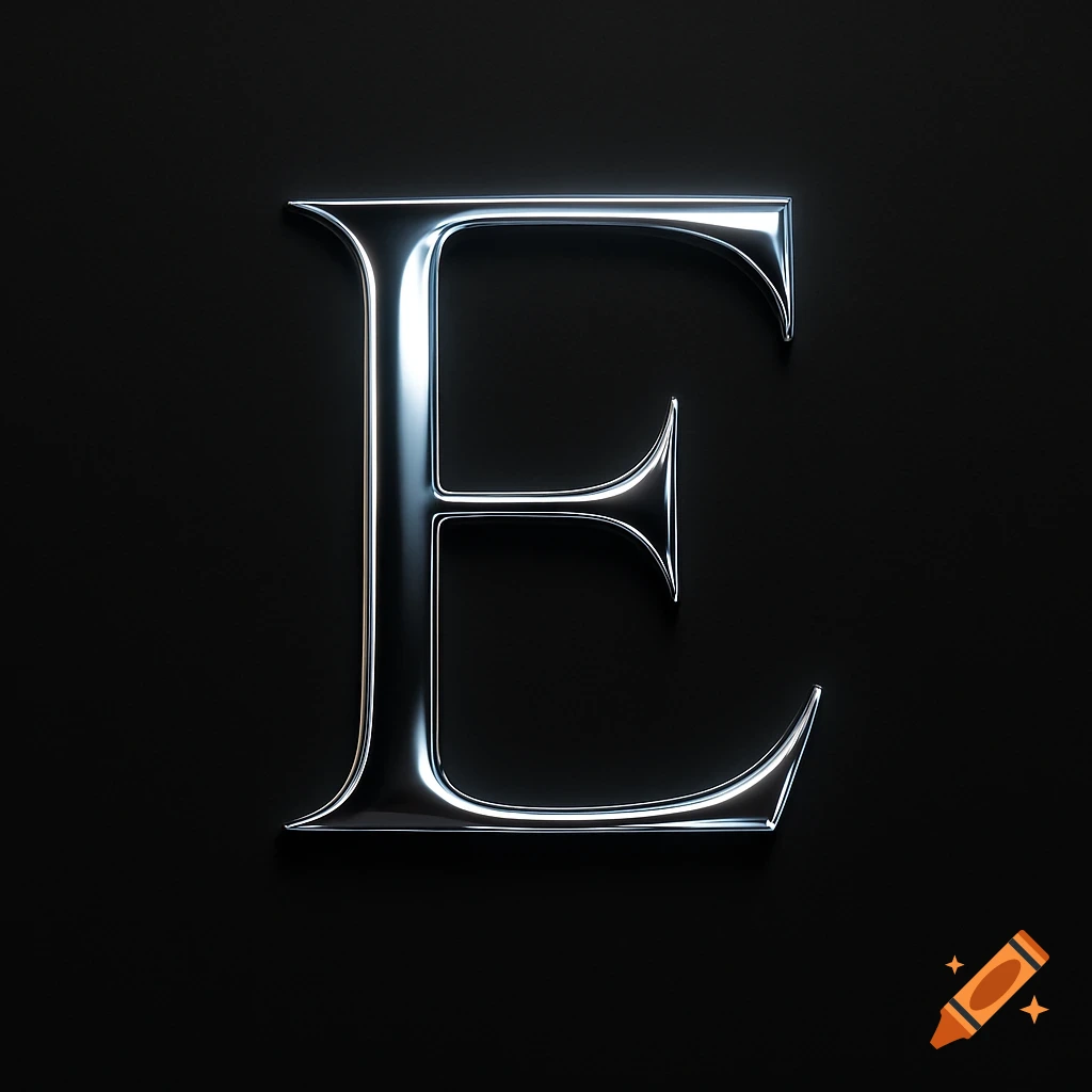 A shiny, chrome-like uppercase letter E on a black background.