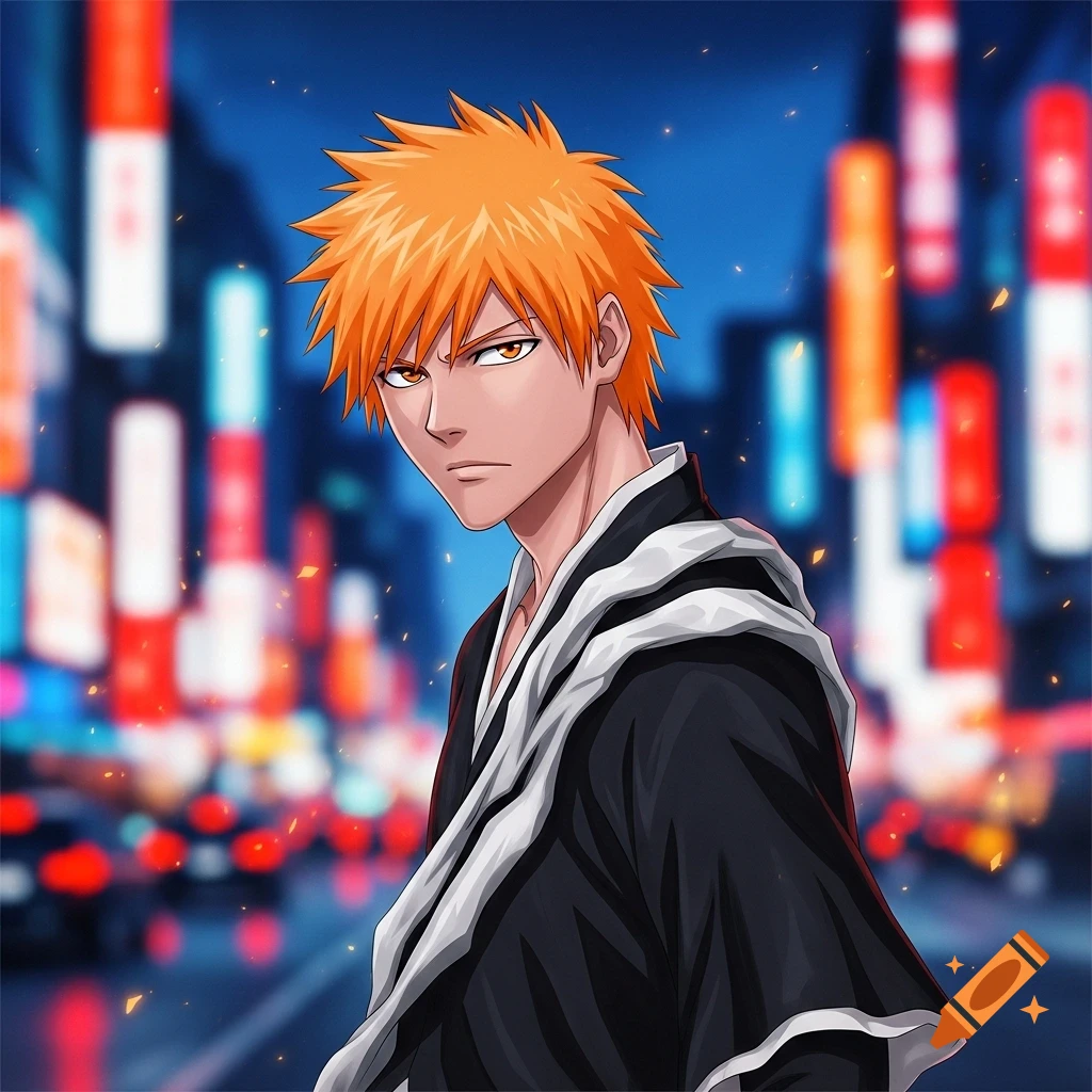 An anime character, Ichigo Kurosaki, with spiky orange hair and a black and white robe, looks at the viewer against a blurred city lights background.