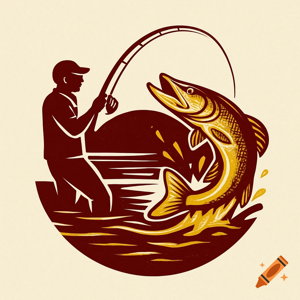 Stylized logo of a fisherman reeling in a large fish jumping from the water, rendered in red and gold colors.