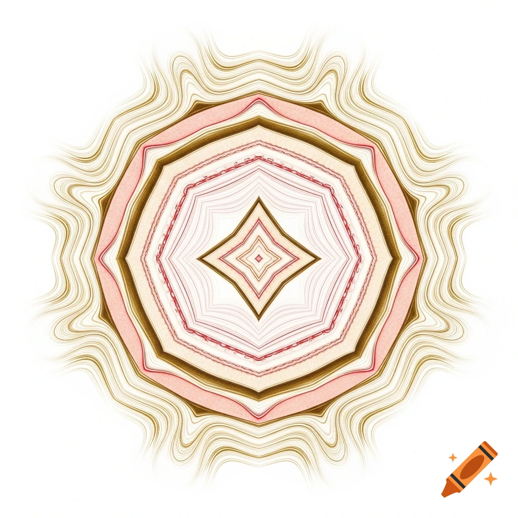 Abstract circular mandala with concentric layers in muted gold, soft red, and pale tones on white.