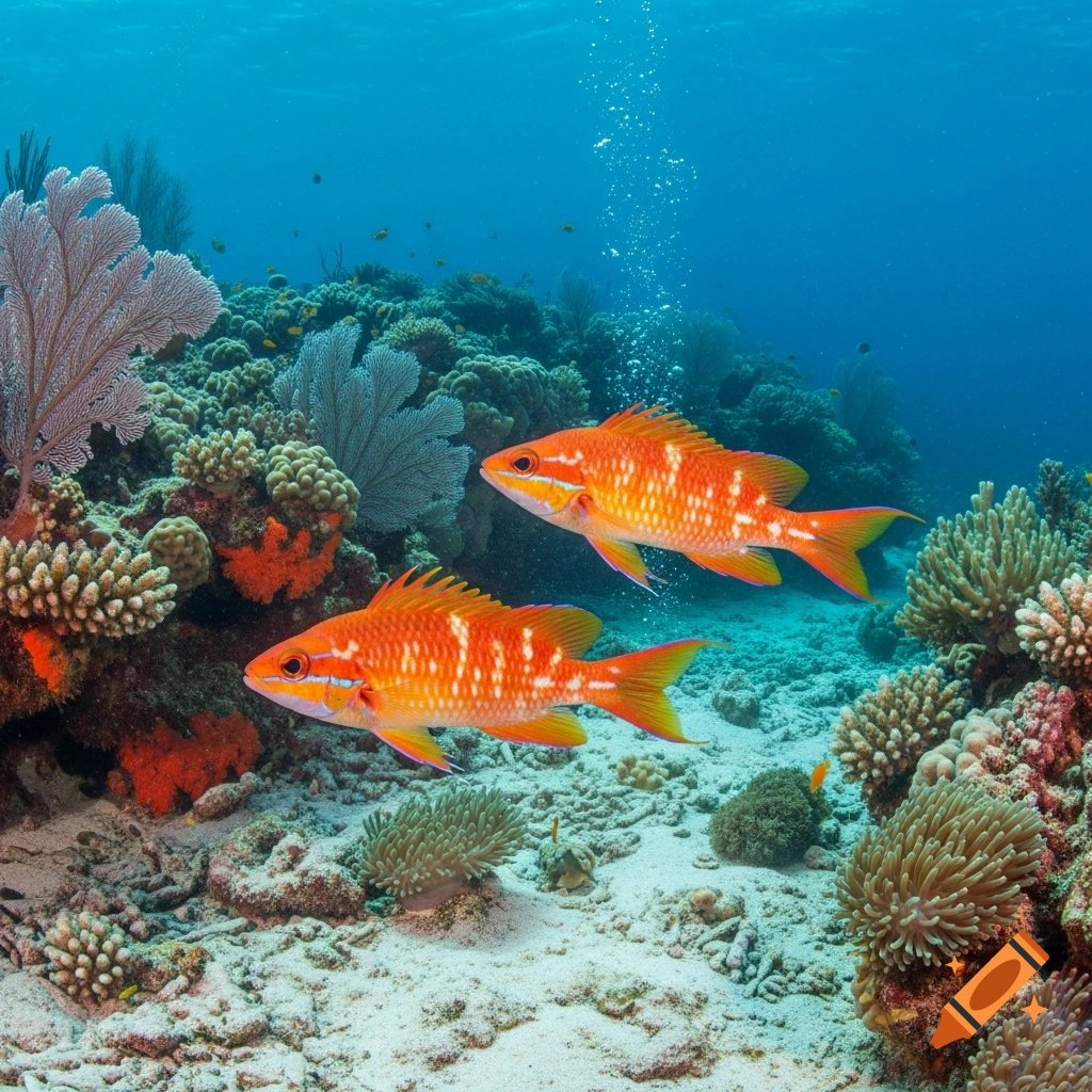 Two orange fish with white markings swim near a vibrant coral reef in clear blue water.