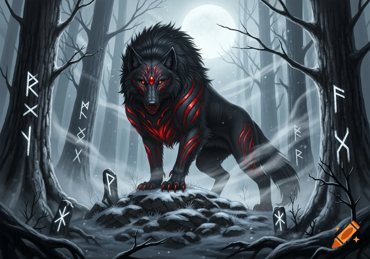 A menacing black wolf with glowing red markings and eyes stands in a snowy, eerie forest under a full moon, surrounded by trees carved with runes.