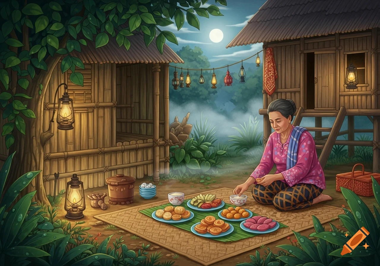 An older woman in a pink top and patterned pants prepares food on a mat outside a bamboo hut at night, illuminated by lanterns under a full moon.