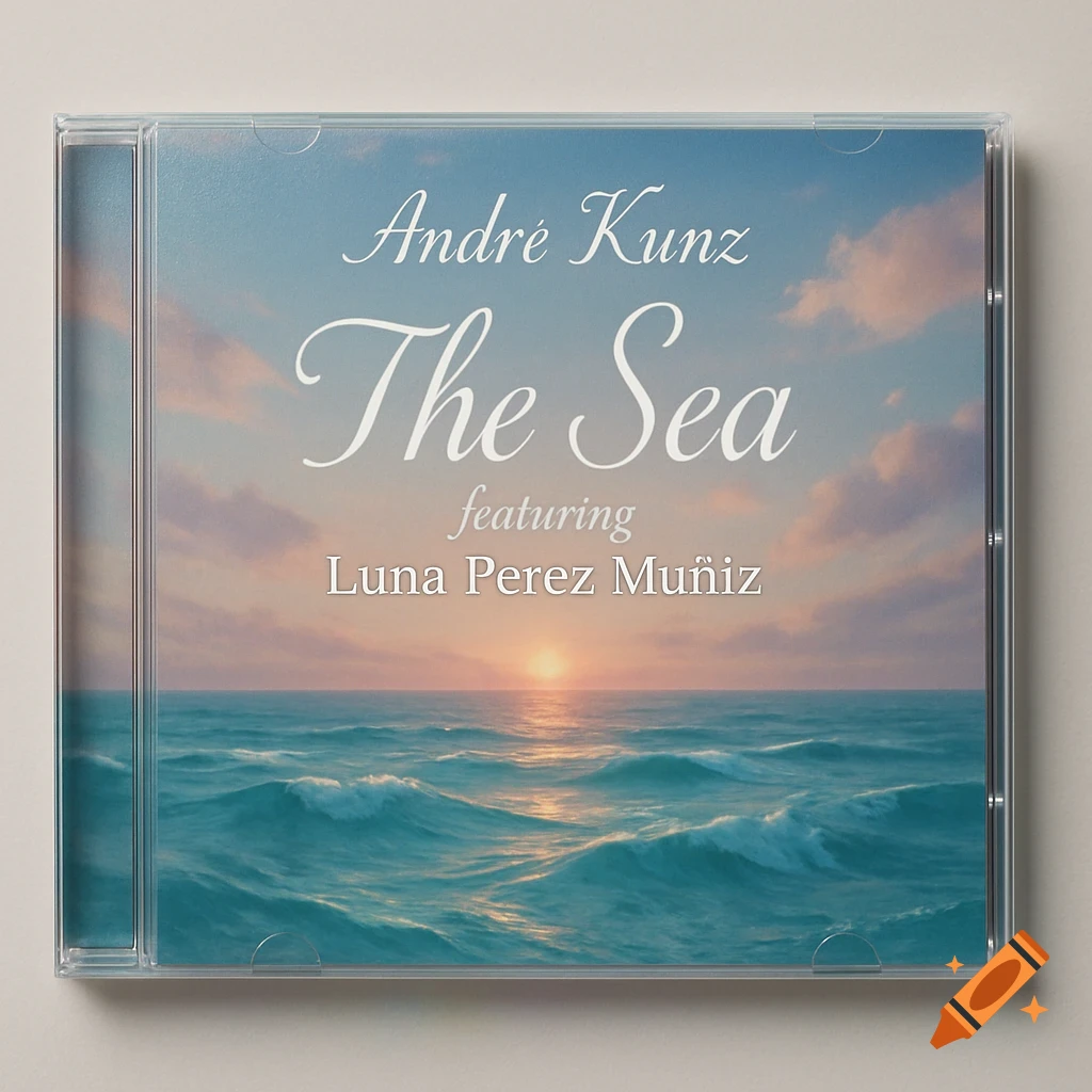 A CD cover for 'André Kunz The Sea featuring Luna Perez Muñiz' showing a tranquil sunset over the ocean with calm waves.