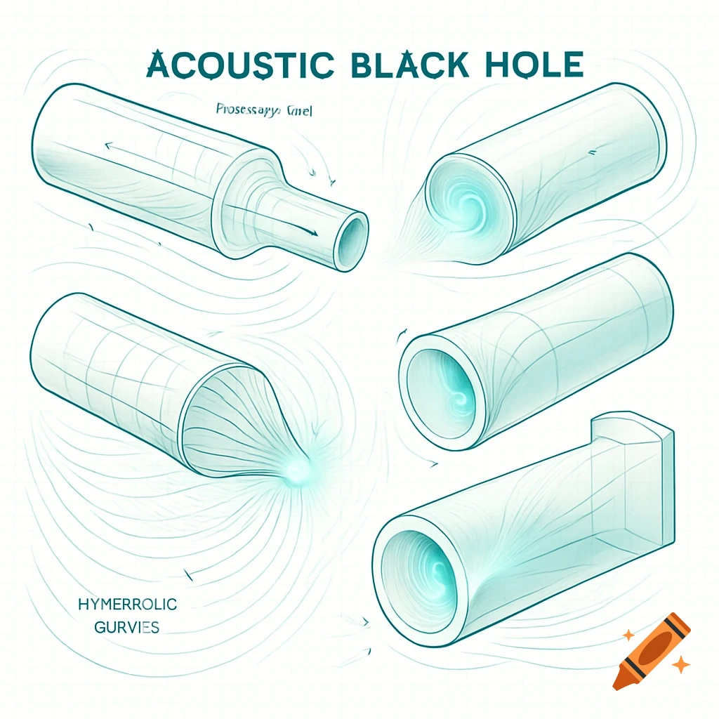 A technical diagram with five isometric views of cylindrical or duct-like structures with light blue swirling patterns indicating acoustic flow, labeled 'ACOUSTIC BLACK HOLE'.