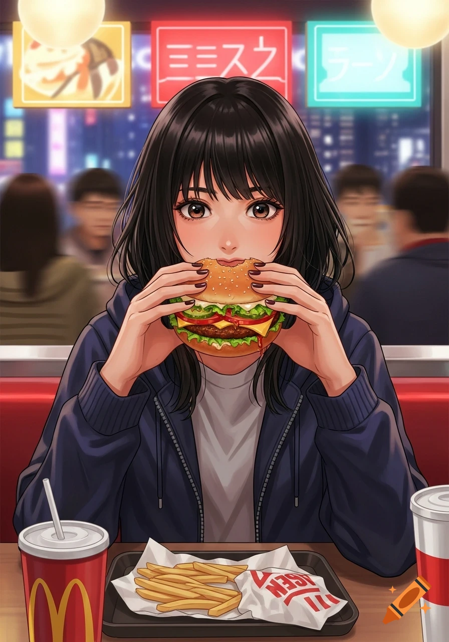 An anime-style girl with black hair is about to eat a large hamburger at a fast-food restaurant, with fries and drinks on the table.