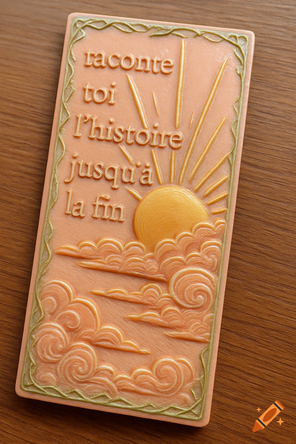 Pale orange 3D-printed bookmark with embossed French text and a stylized golden sunrise with clouds.