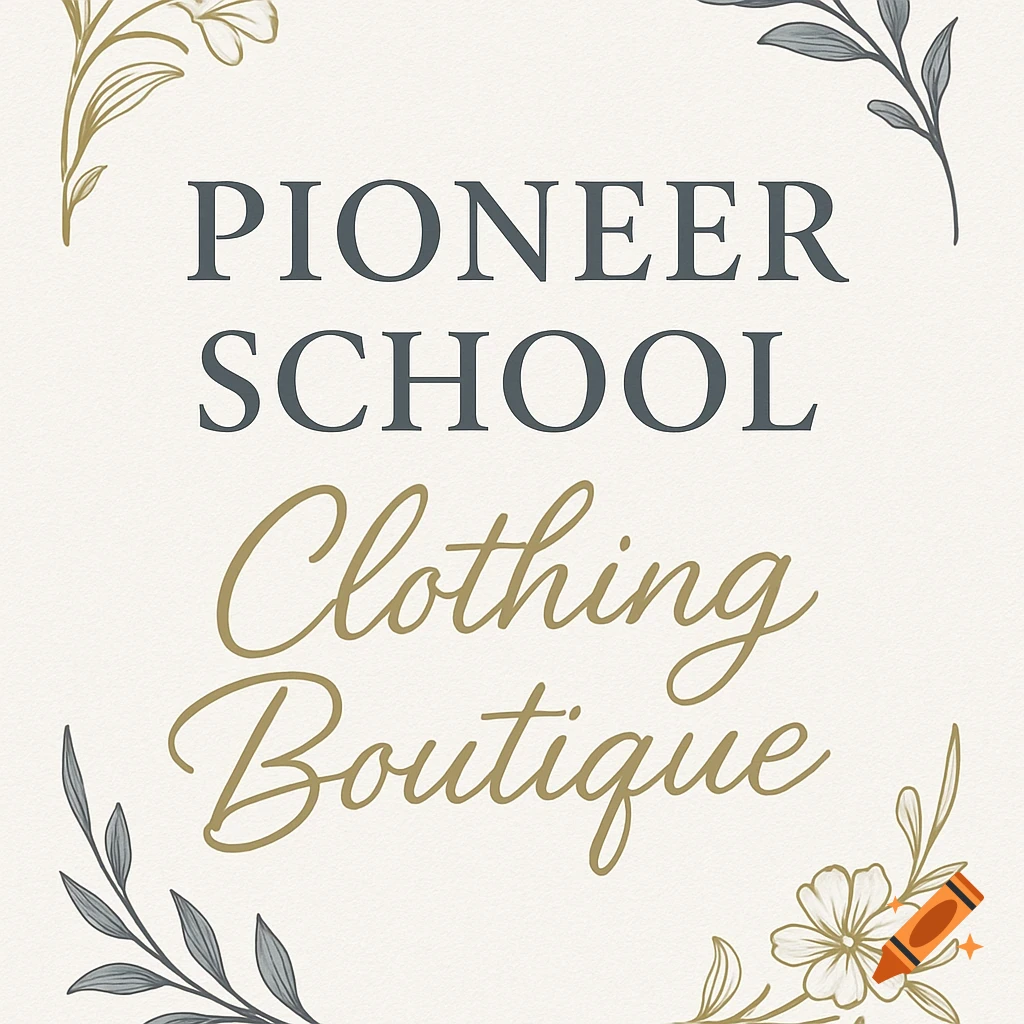 A cream-colored sign with 'PIONEER SCHOOL Clothing Boutique' in dark grey and gold script, framed by delicate floral branches.