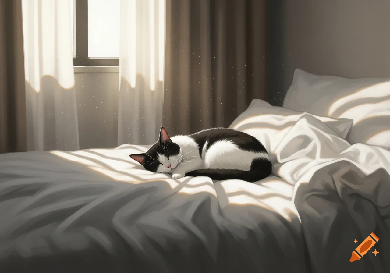 A black and white cat peacefully sleeping on a sunlit bed near a window.