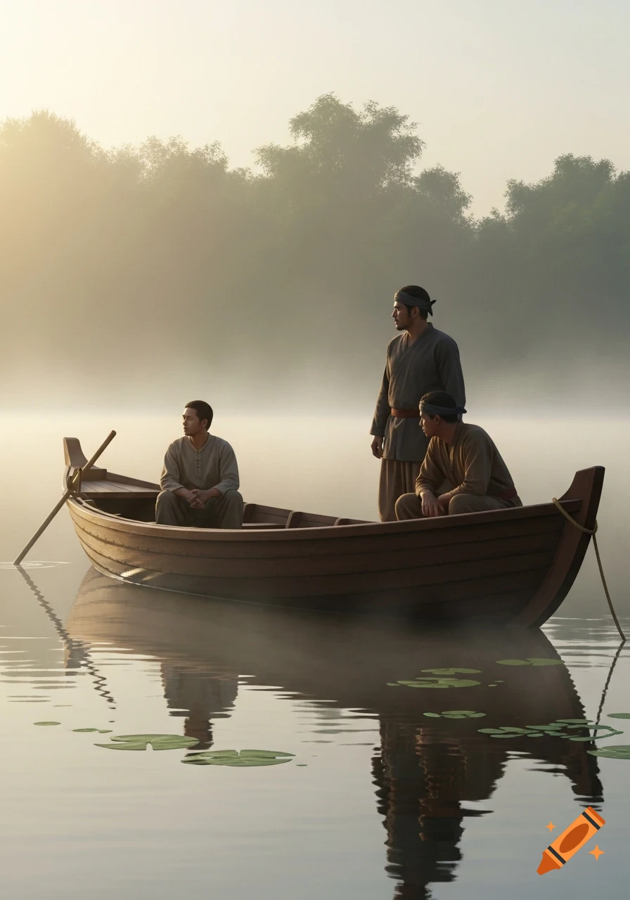 Three men in traditional clothing on a wooden boat navigating a misty river at sunrise, with trees in the foggy background.