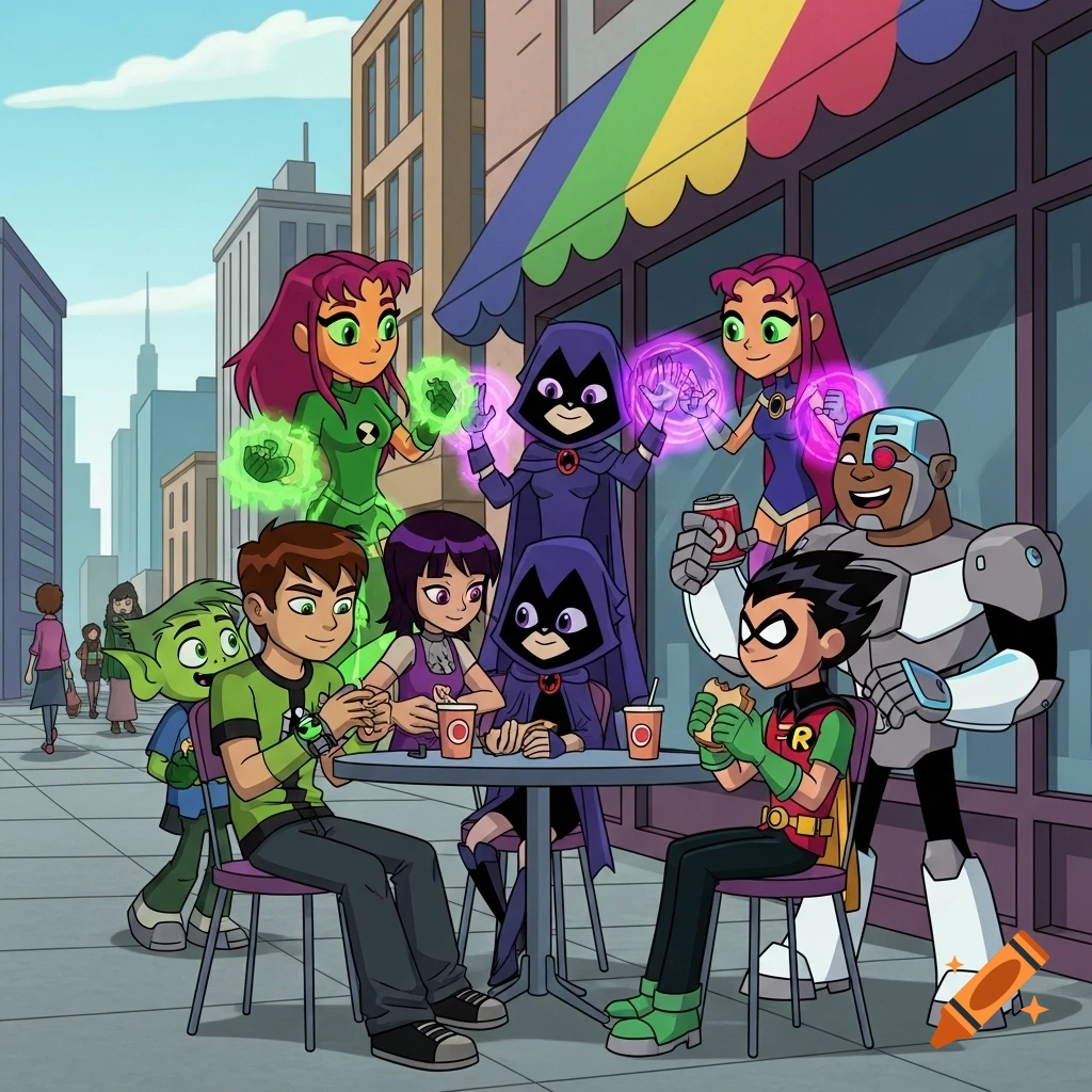 The Ben 10 cast and Teen Titans characters are having lunch at an outdoor cafe in a city, in a vibrant cartoon style.