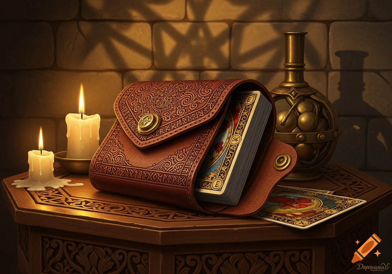 A close-up of a brown leather pouch holding tarot cards, accompanied by two lit candles and an ornate brass vessel, all on a wooden table.