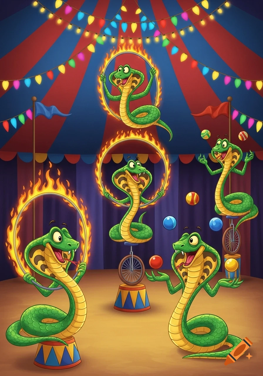 Whimsical cartoon of five green cobras performing various stunts like jumping through flaming hoops and juggling in a colorful circus tent.