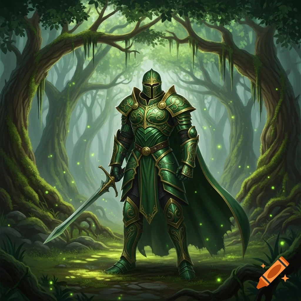 A knight in green and gold armor with a sword stands in an enchanted, mossy forest with glowing lights.