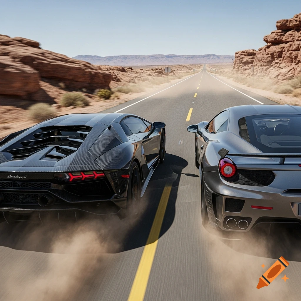 A black Lamborghini and a gray Ferrari race side-by-side on a straight desert highway, kicking up dust in a photorealistic style.