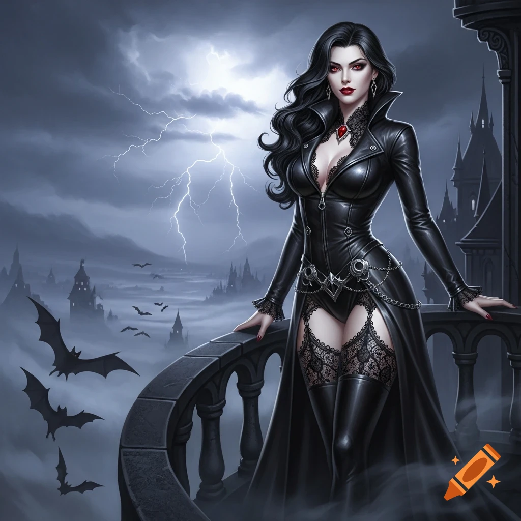 A glamorous vampire woman in a black leather outfit stands on a gothic balcony with lightning, mist, and bats in the background.