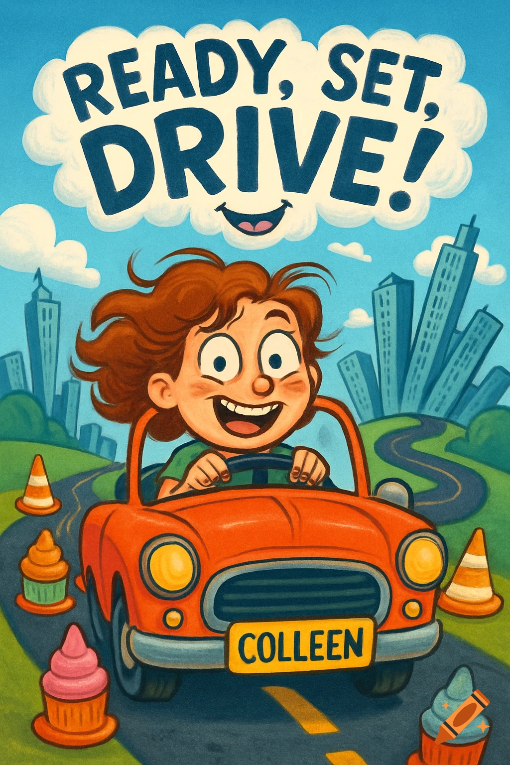 A cheerful cartoon child named Colleen drives an orange car on a winding road with city buildings in the background, with text 'READY, SET, DRIVE!' above.