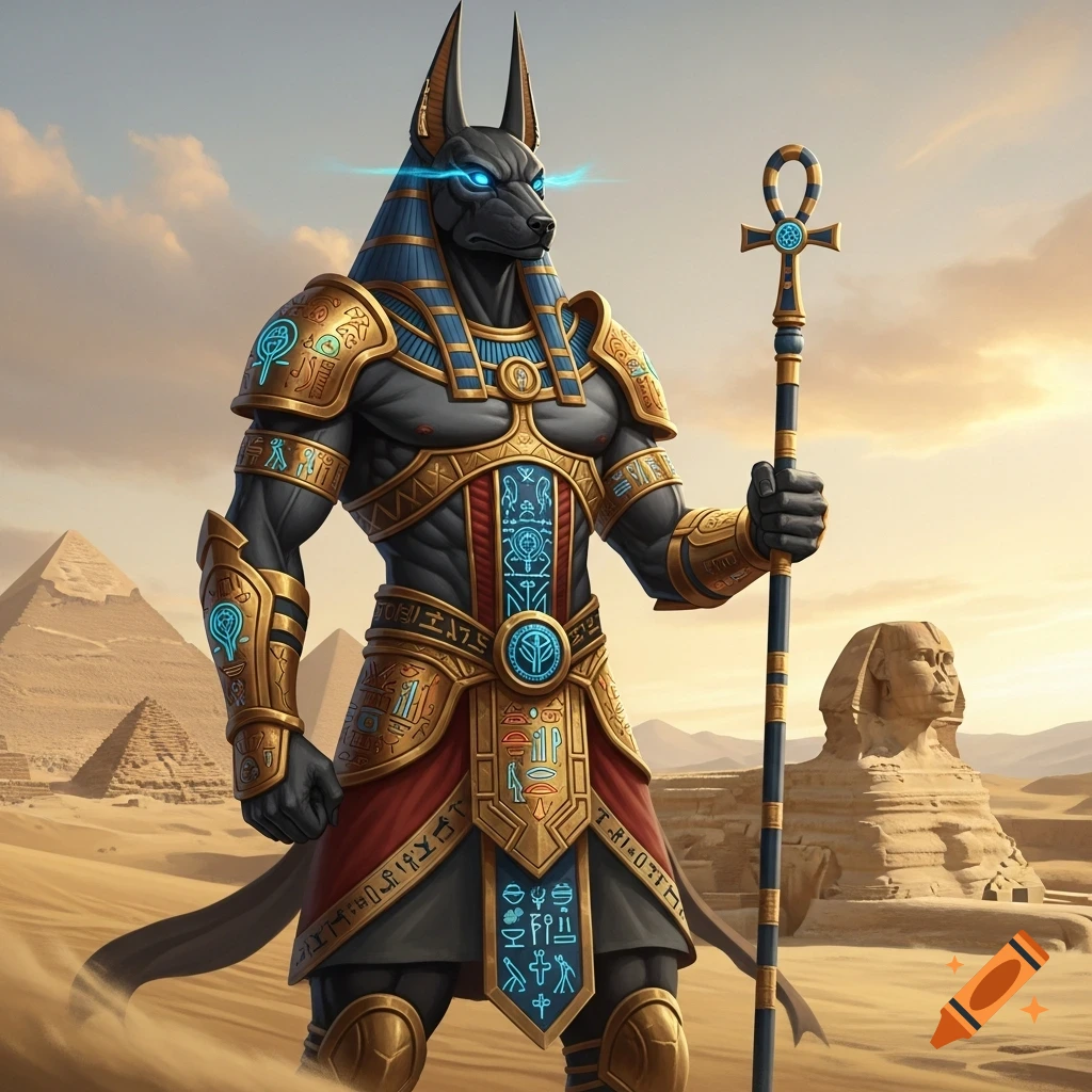 Muscular Anubis in golden armor with glowing blue eyes, holding an ankh staff in a desert with pyramids and the Sphinx at sunset.