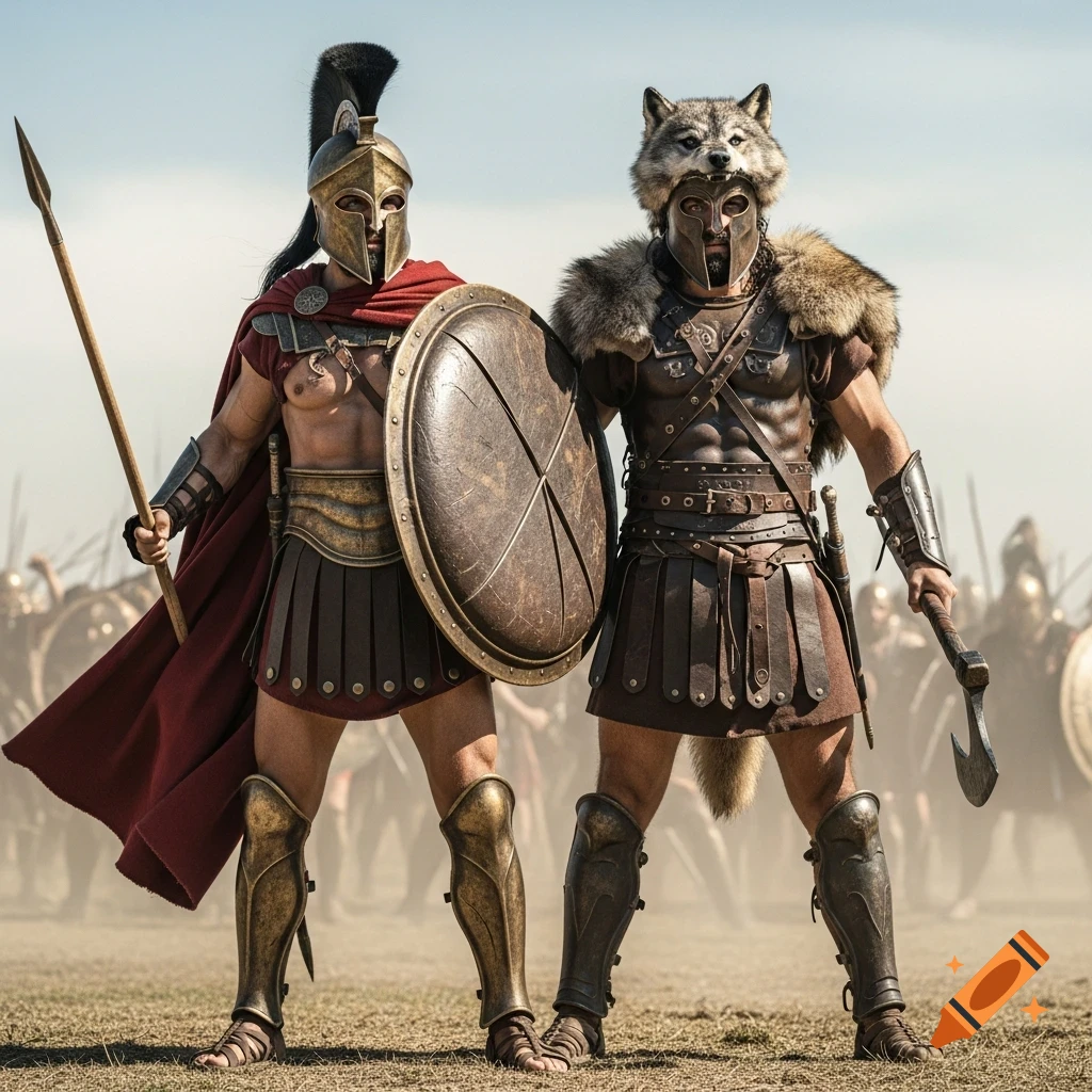 Two ancient warriors, a Spartan with a spear and shield, and a Molossian with a wolf-head helmet and axe, stand on a dusty battlefield.