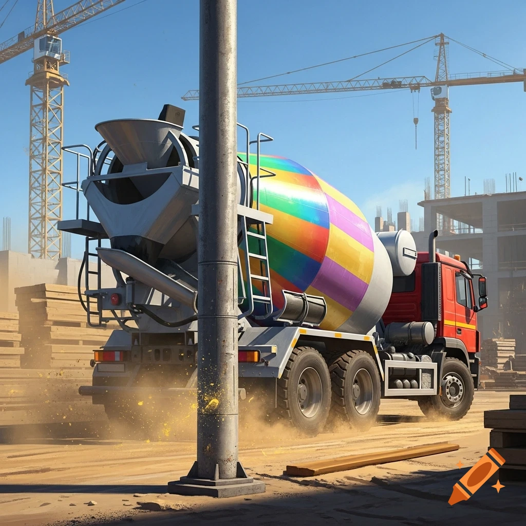 A cement mixer truck with a rainbow-colored drum backs up on a dusty construction site, partially obscured by a grey pole.