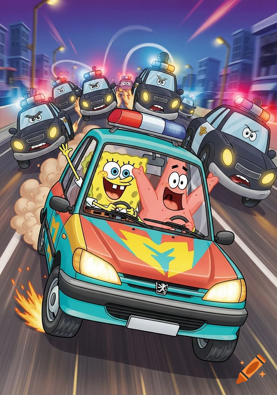 SpongeBob and Patrick in a colorful car, pursued by police cars in a dynamic cartoon style.
