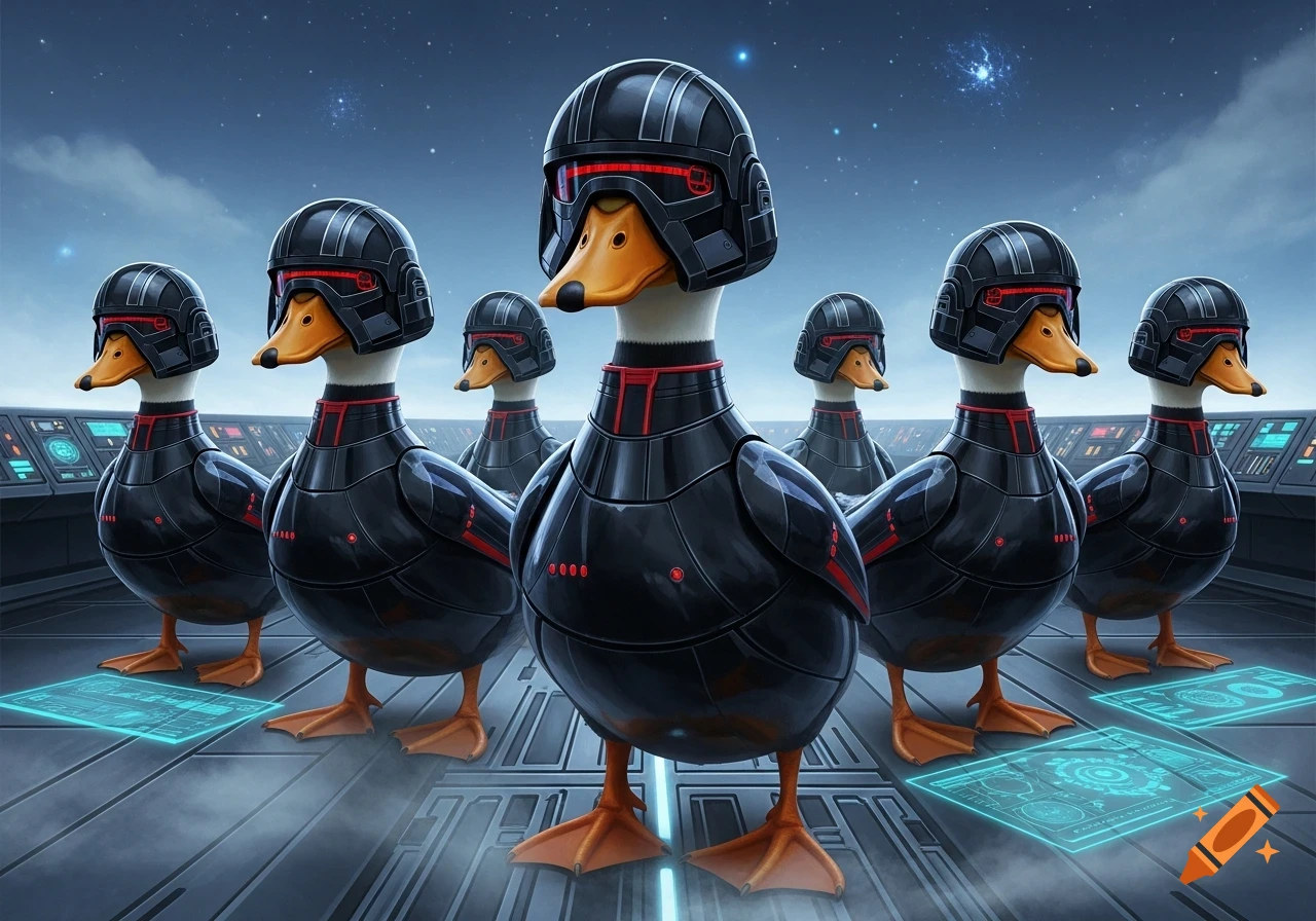 Anthropomorphic ducks in black futuristic armor and helmets stand on a spaceship deck under a starry night sky.