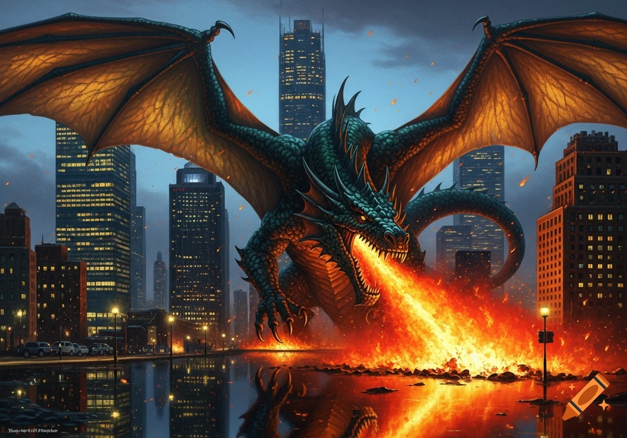 A colossal green dragon with large wings breathes fire over a modern ...