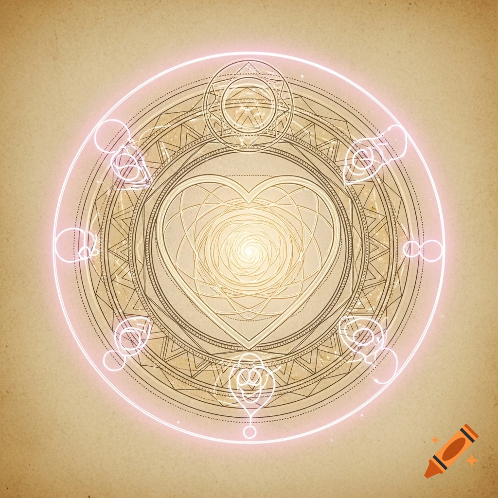A mystical golden heart sigil with a pink glowing aura, intricate sacred geometry patterns on a parchment background.
