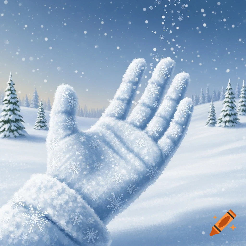 A snow-covered hand reaching up to catch falling snowflakes in a winter forest with pine trees.