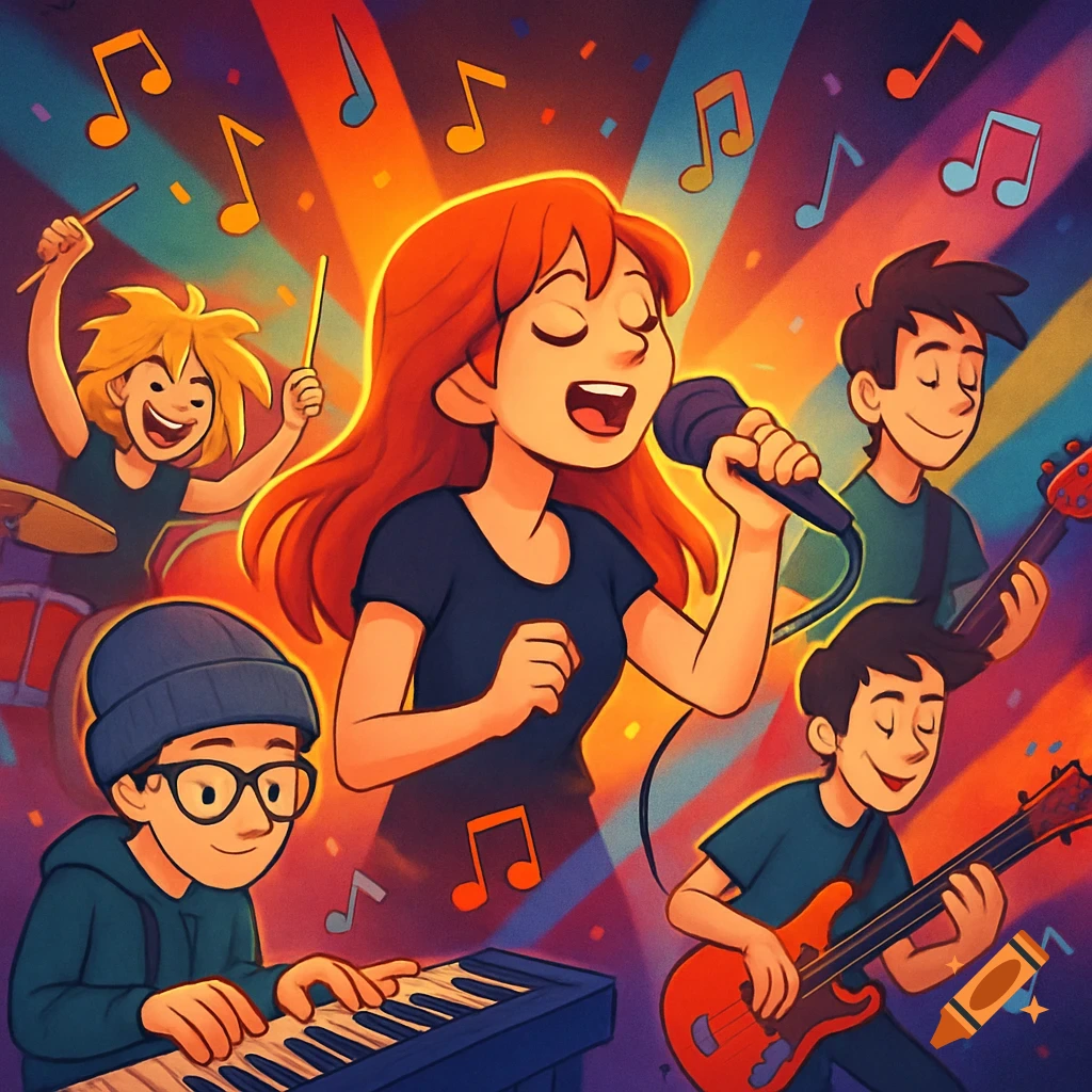 A cartoon band with a red-haired singer, a blonde drummer, a bassist, a guitarist, and a pianist in a beanie performs on a brightly lit stage, surrounded by musical notes.