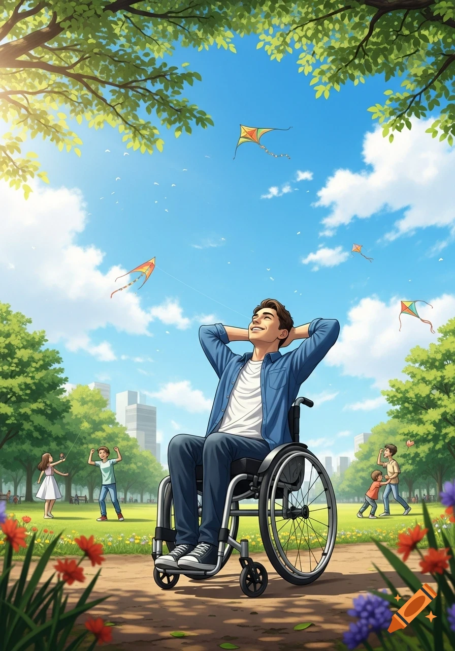 A man in a wheelchair smiles, looking up at kites in a bright, sunny park with trees and other children playing, in an illustrative style.