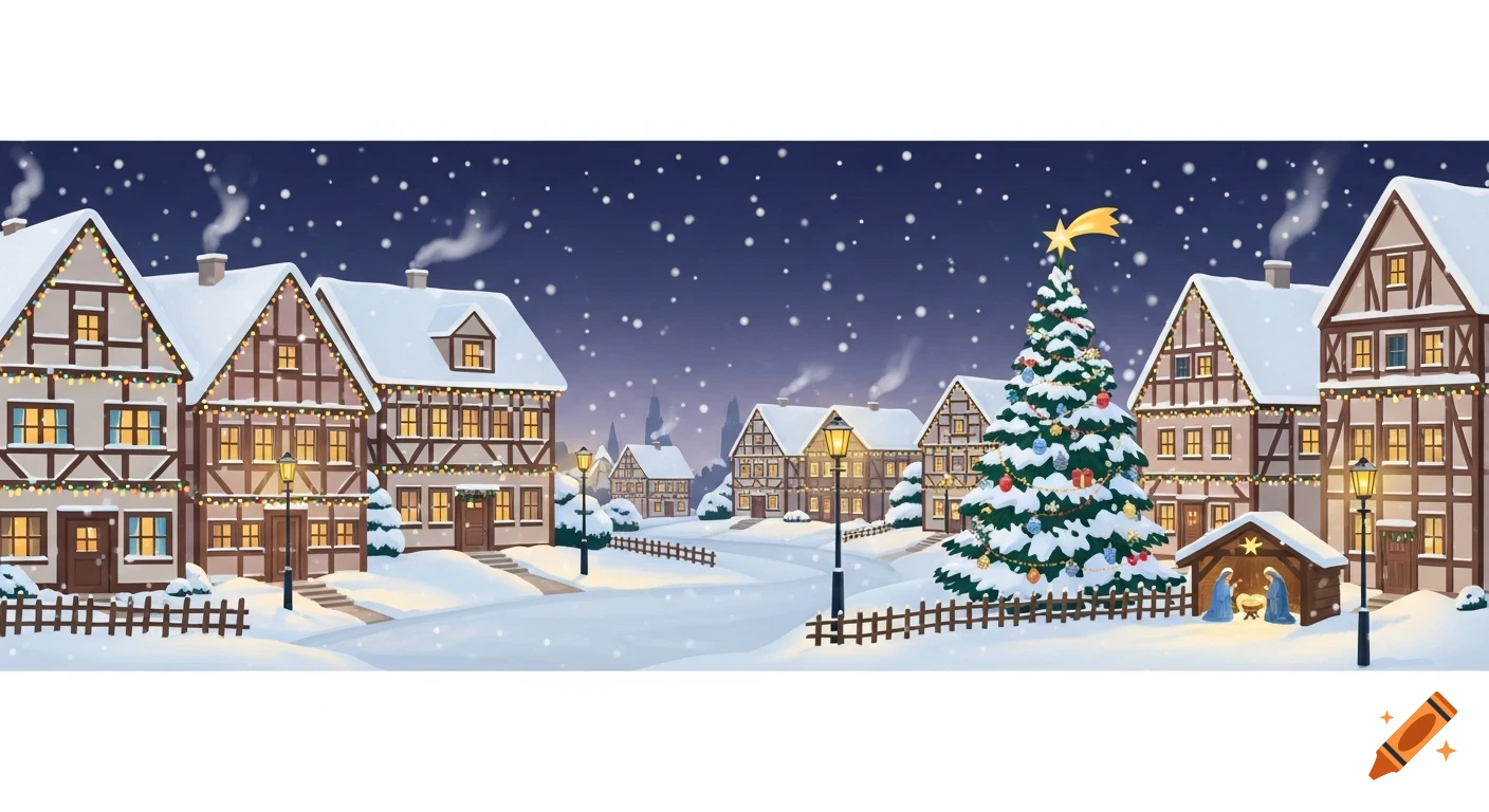 Illustrated winter village at night with snow-covered houses, Christmas lights, a decorated tree with a star, and a nativity scene.