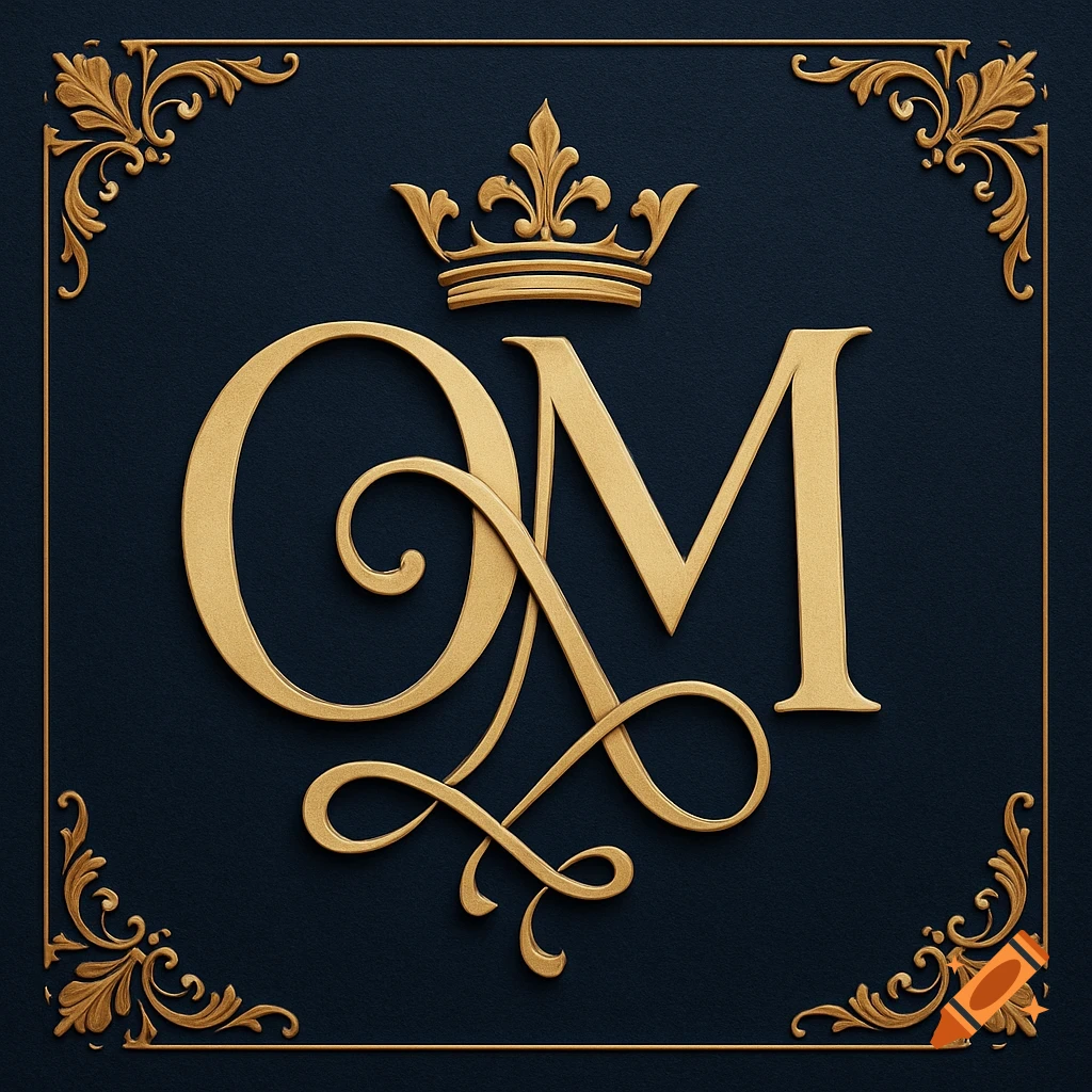 A gold royal monogram with intertwined letters O and M, topped by a crown, on a dark blue background with ornate gold corners.