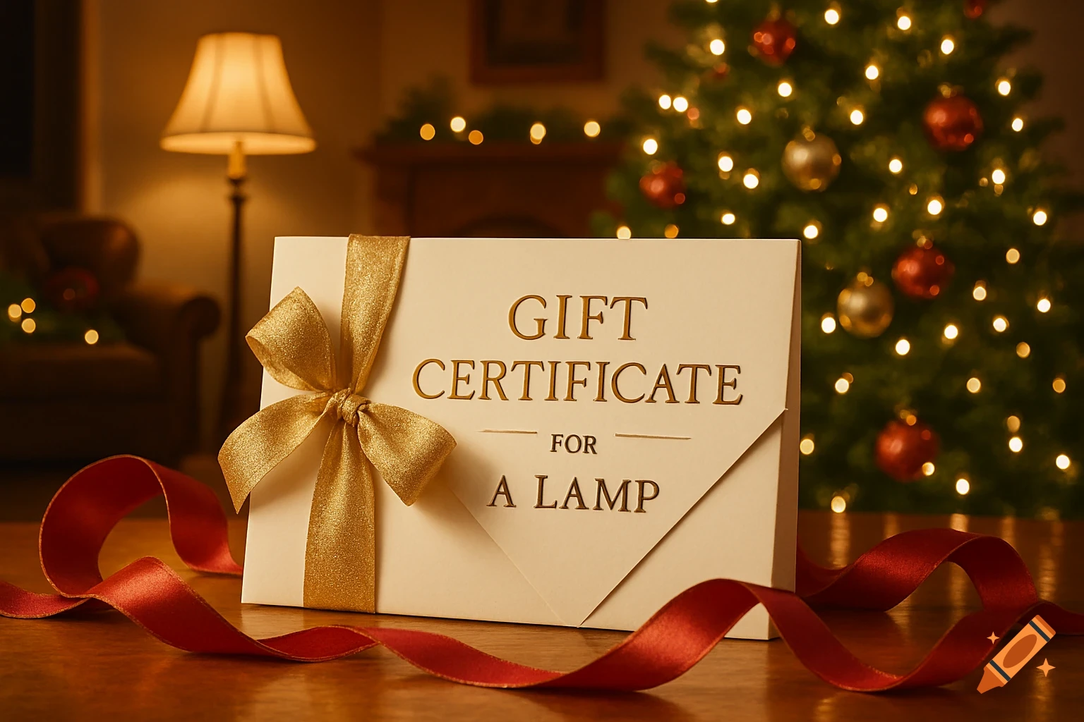 A gift certificate with a gold bow and red ribbon, reading 'GIFT CERTIFICATE FOR A LAMP', on a table in front of a Christmas tree.