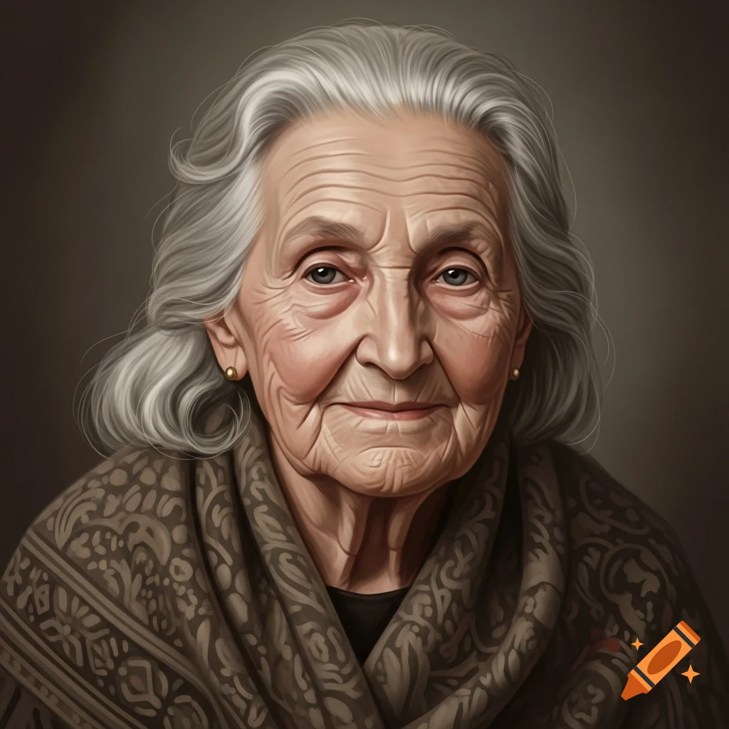 A painted portrait of an elderly woman with white hair, wearing a patterned brown shawl, looking forward with a slight smile.
