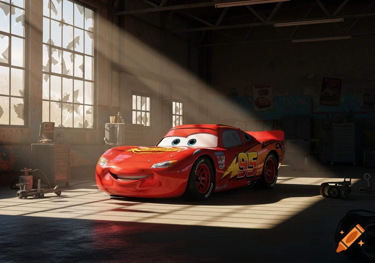 Lightning McQueen, a red race car with the number 95, smiles while parked in an abandoned, sunlit warehouse with broken windows.