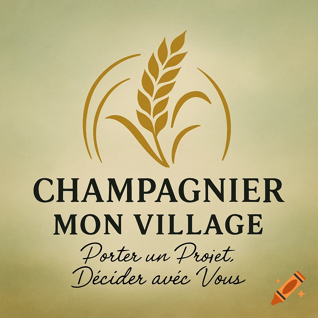 A gold and black logo featuring a stylized wheat stalk within an arc design, with the text "CHAMPAGNIER MON VILLAGE" and "Porter un Projet. D é cider avec Vous" on a light gold background.