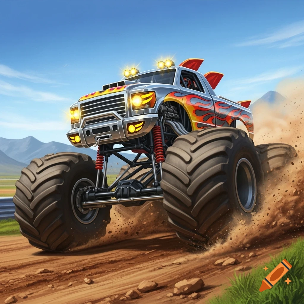 A stylized monster truck with flame decals and large tires kicks up dirt on a sunny off-road track with mountains in the background.