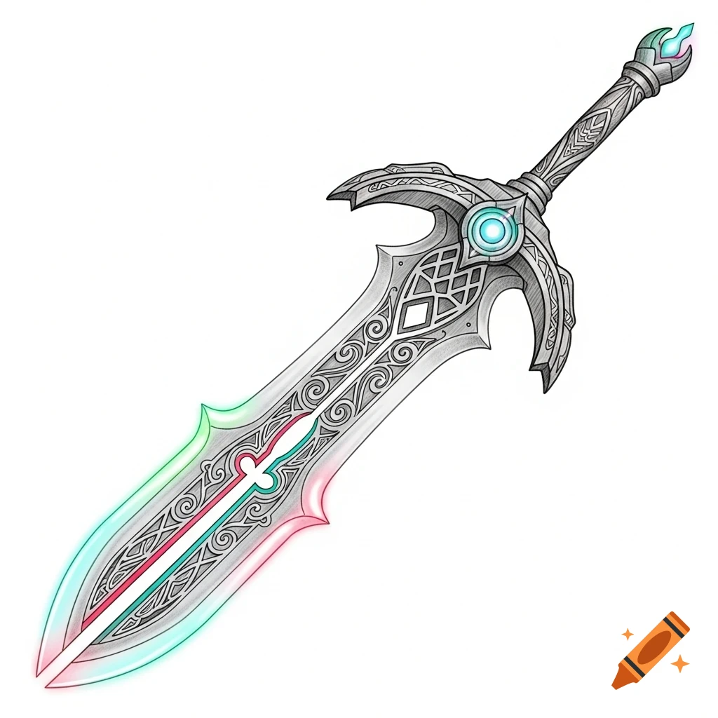 An intricately designed fantasy sword with a metallic hilt, ornate blade patterns, and glowing neon red, green, and teal edges.