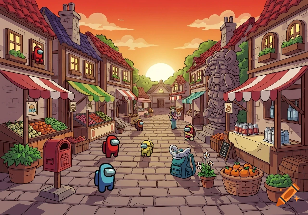 A vibrant cartoon fantasy town square at sunset with market stalls, buildings, and several Among Us crewmates disguised as objects.