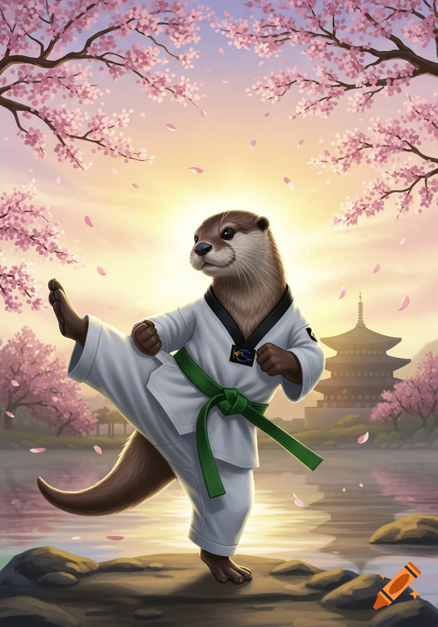 An anthropomorphic otter in a white taekwondo uniform with a green belt kicks under cherry blossom trees with a pagoda in the background at sunset, digital art.
