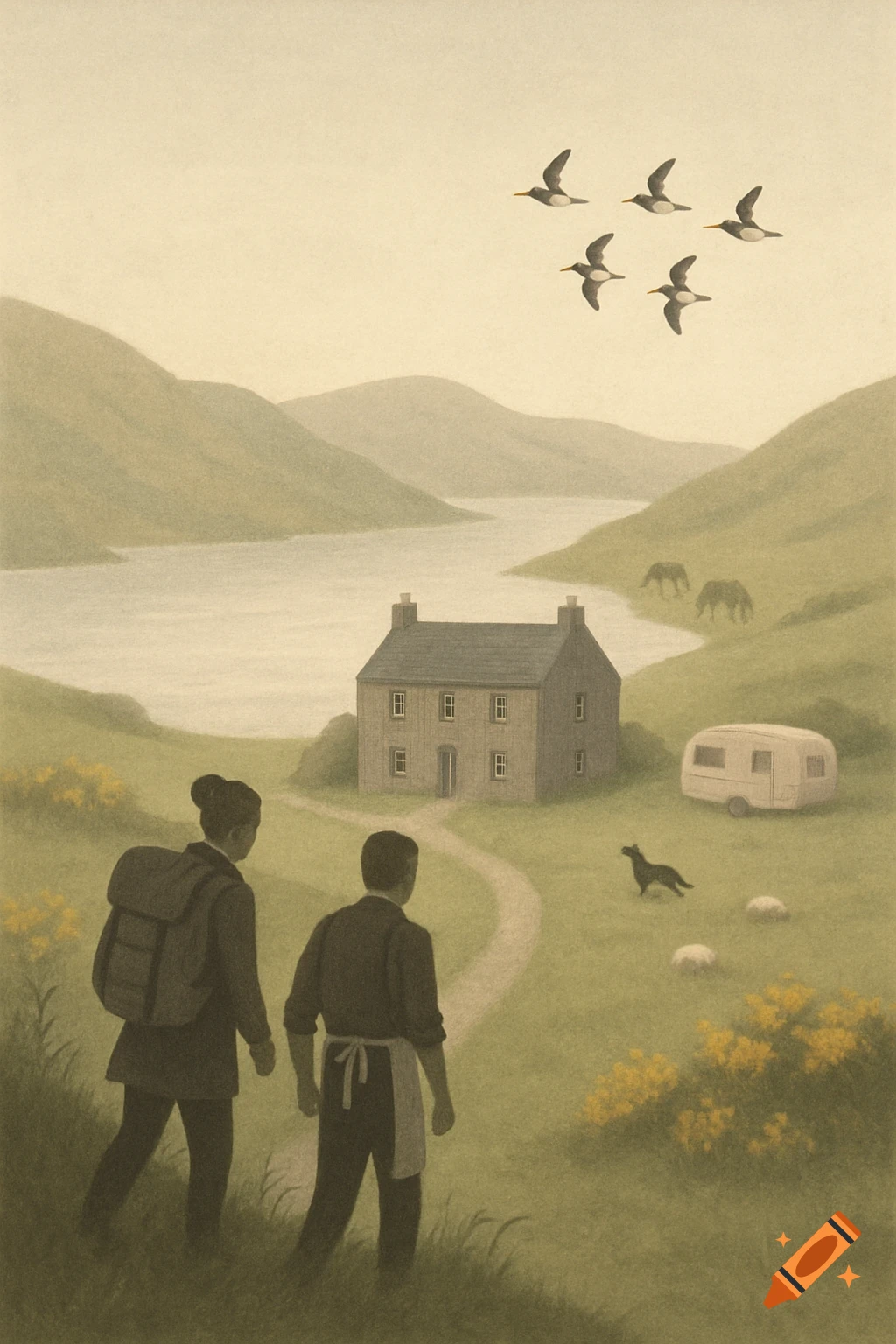 Illustrated digital painting of two people walking downhill towards a stone house by a lake in a Scottish Highland landscape with animals and flying birds.