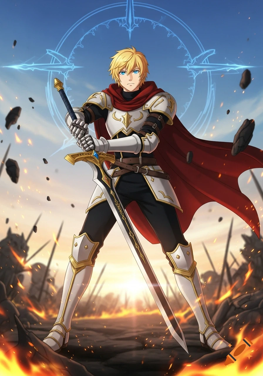 Anime-style male knight with blonde hair and blue eyes, holding a sword on a fiery battlefield with a glowing symbol in the sky.