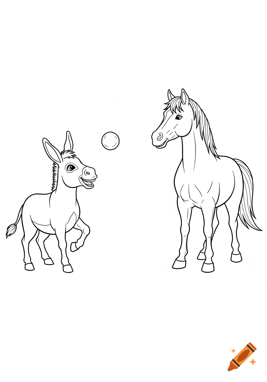 Black and white line art coloring page of a smiling donkey and a horse with a circle between them.