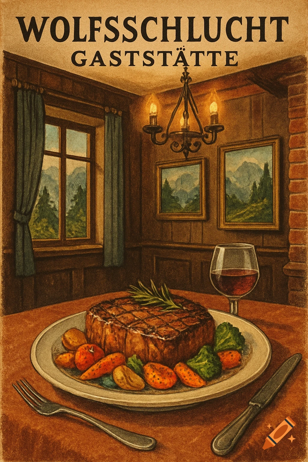 A vintage illustration of a steak dinner with roasted vegetables and wine on a table in a cozy restaurant with mountain views.