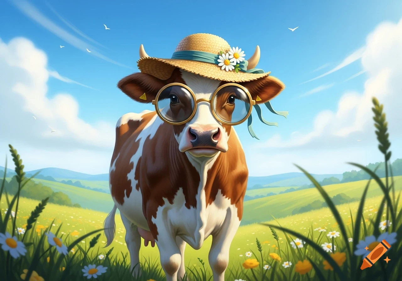 A cute cartoon cow wearing a straw hat with daisies and round glasses, standing in a sunny green field filled with flowers under a blue sky.
