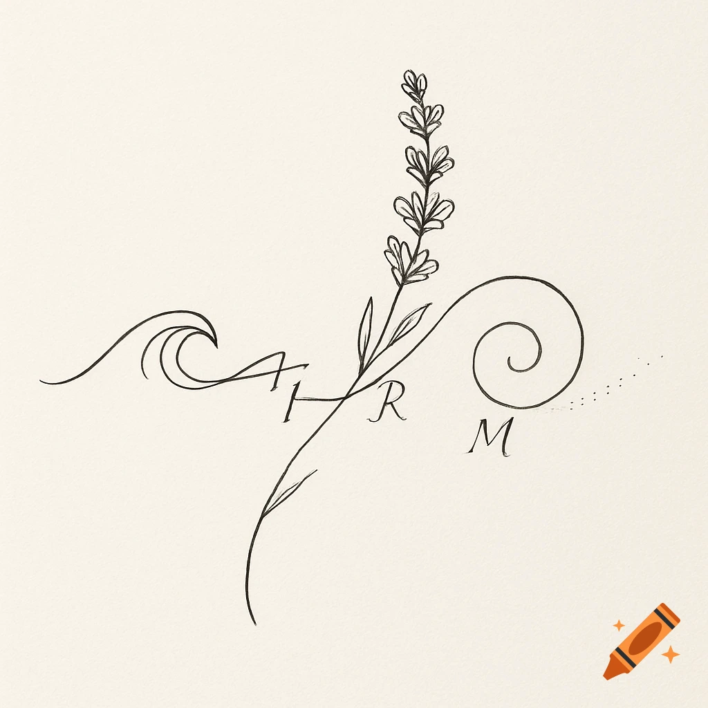 Minimalist fine line tattoo design featuring a lavender sprig, ocean wave, and swirling line, with initials A, H, R, M integrated.